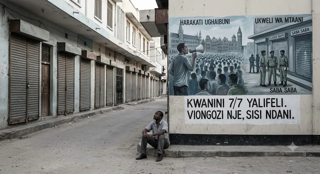 Mwonekano wa mtaa uliodooza huku maduka yakiwa yamefungwa na doria zikiendelea wakati wa maadhimisho ya Saba Saba.